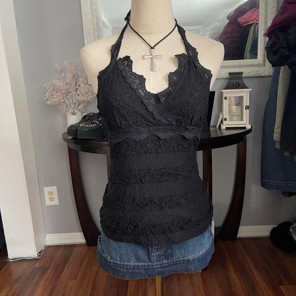 Y2k black lace halter top
